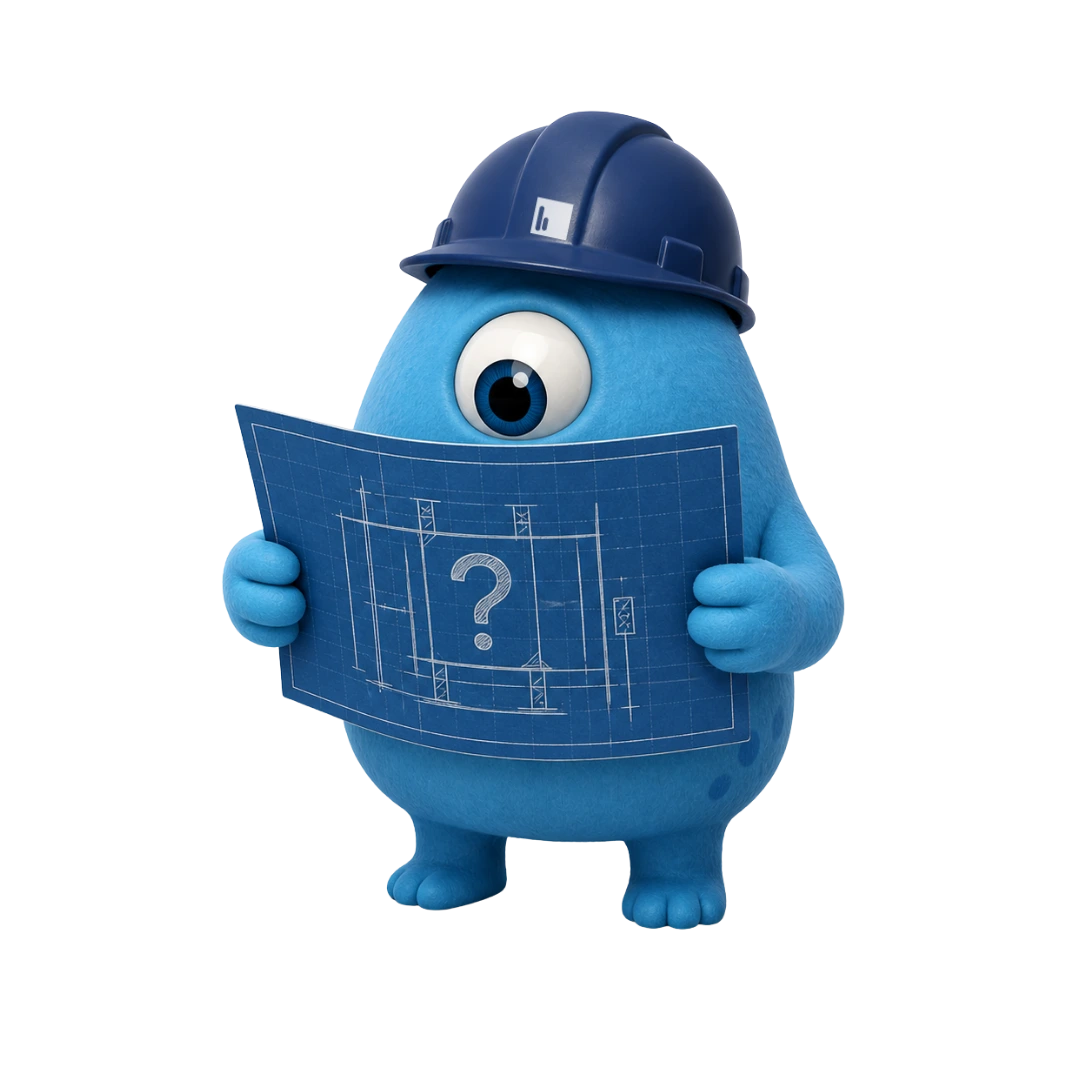 A cyclops looking like blob holding a blueprint looking confused