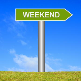 green sign that says weekend in bold tezt, background is a bright blue