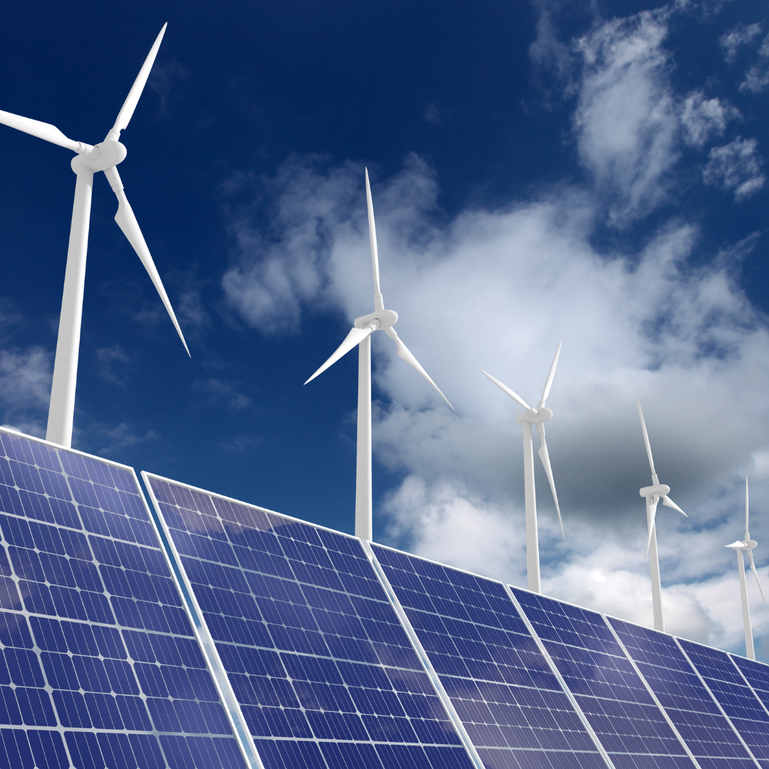 picture of wind turbines and solar panels